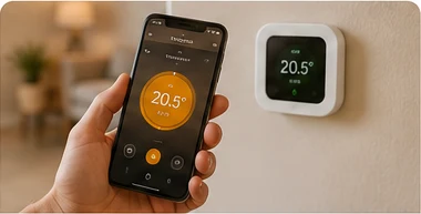 Smart heating app and thermostat installed in a home
